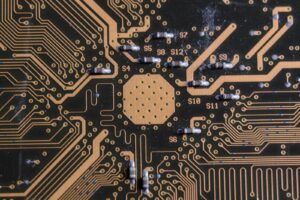Close-up of a semiconductor circuit board representing TSMC chip manufacturing