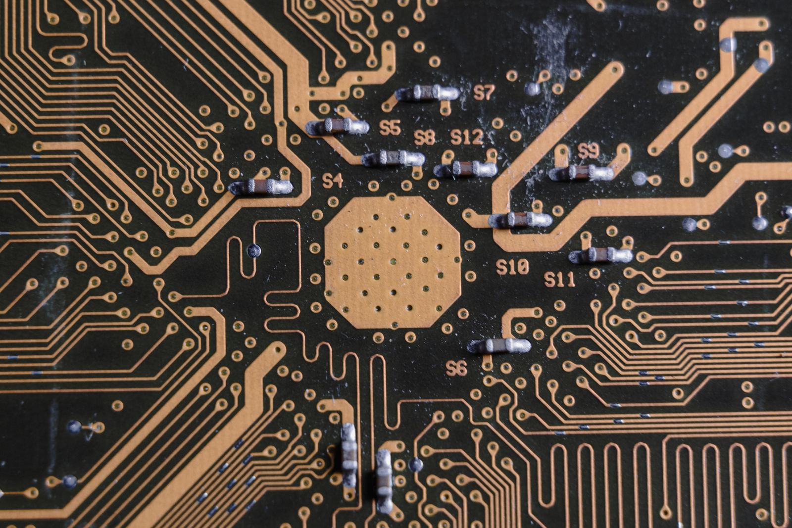 Close-up of a semiconductor circuit board representing TSMC chip manufacturing