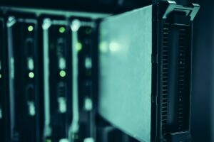 Close-up of a data center server rack representing Amazon custom AI chip infrastructure
